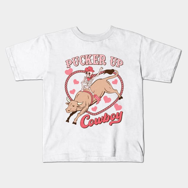 Pucker Up Cowboy Retro Skeleton Funny Kids T-Shirt by Nessanya